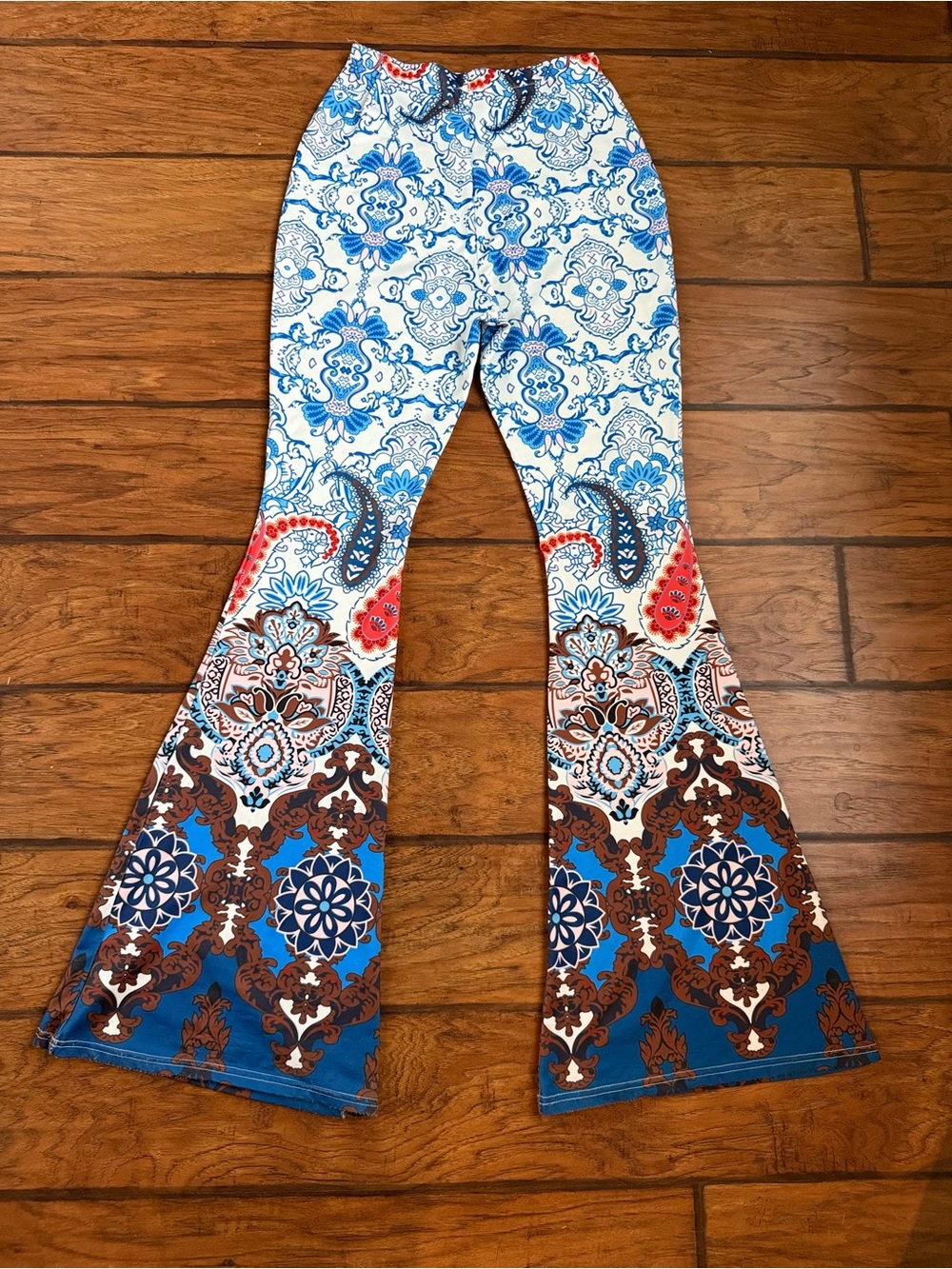 Women Boho Paisley Flared Leggings - Blue & Brown size S pre -owned with gift .